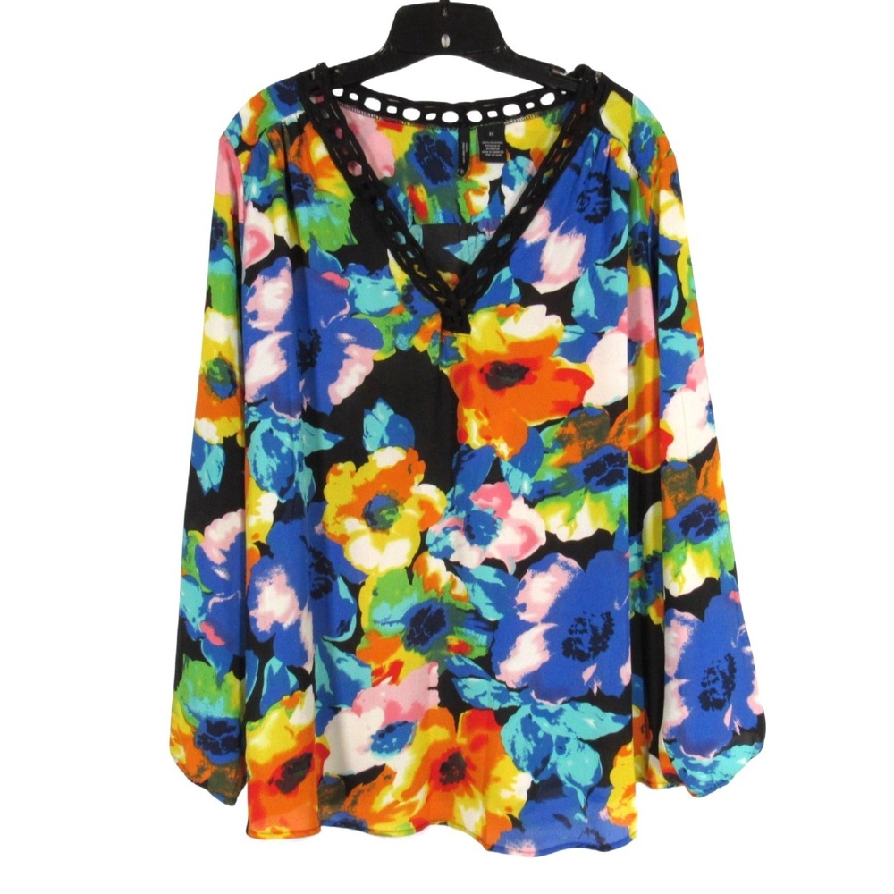 NEW DIRECTIONS Thin GEORGETTE Multicolor FLORAL Crochet V-Neck BLOUSE/TOP Sz 3X
